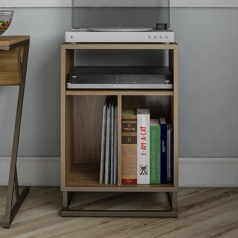 Blue / Walnut Turntable Stand with 3 Open Cubbies and Metal Base for 1–2 Person