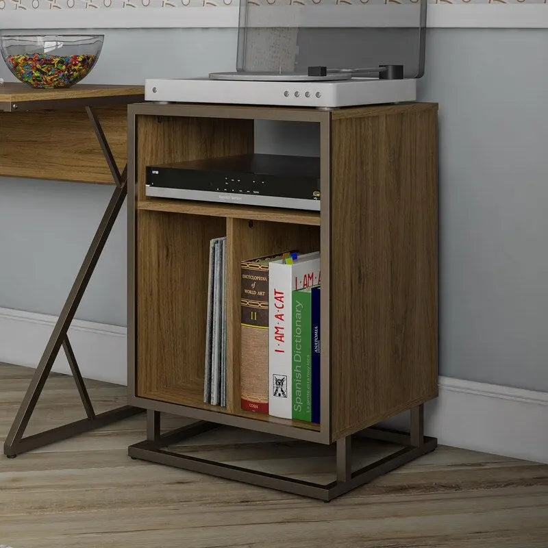 Blue / Walnut Turntable Stand with 3 Open Cubbies and Metal Base for 1–2 Person