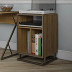 Blue / Walnut Turntable Stand with 3 Open Cubbies and Metal Base for 1–2 Person