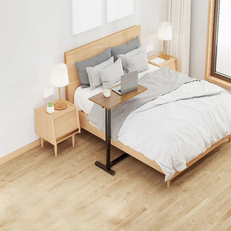 Black Oak Rolling C-Shape Adjustable Height Sofa Side Table for 1 Person