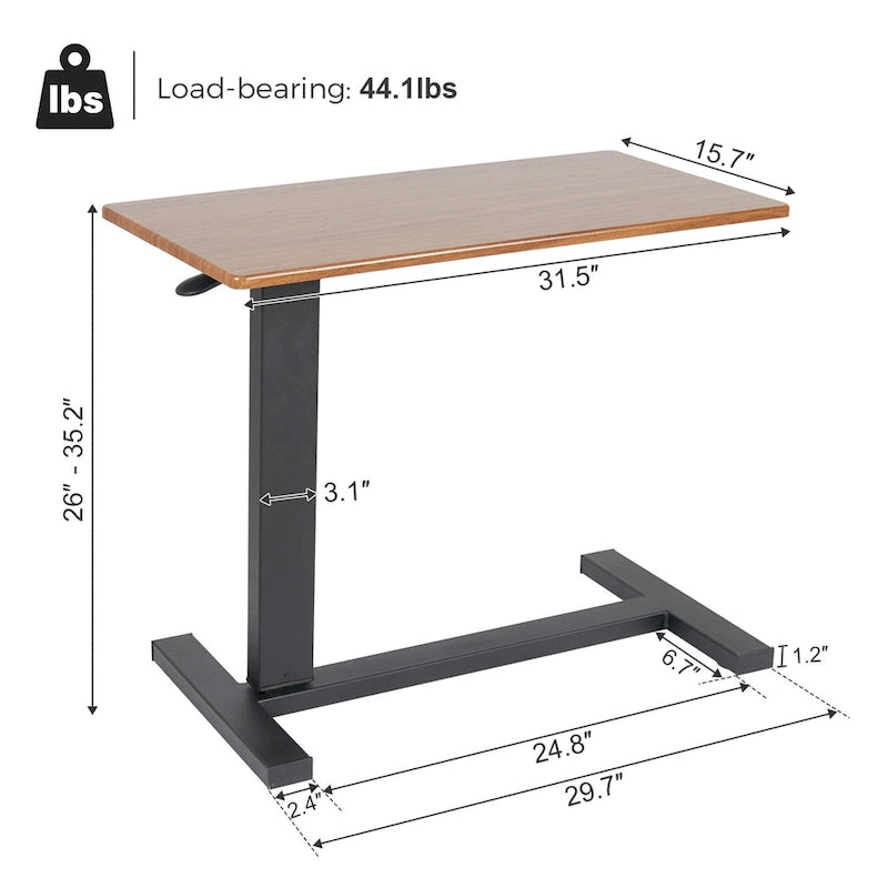 Black Oak Rolling C-Shape Adjustable Height Sofa Side Table for 1 Person
