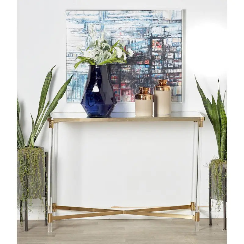 Silver / Gold X-Base Console Table with Mirror Top and Acrylic Legs for 1–2 Person