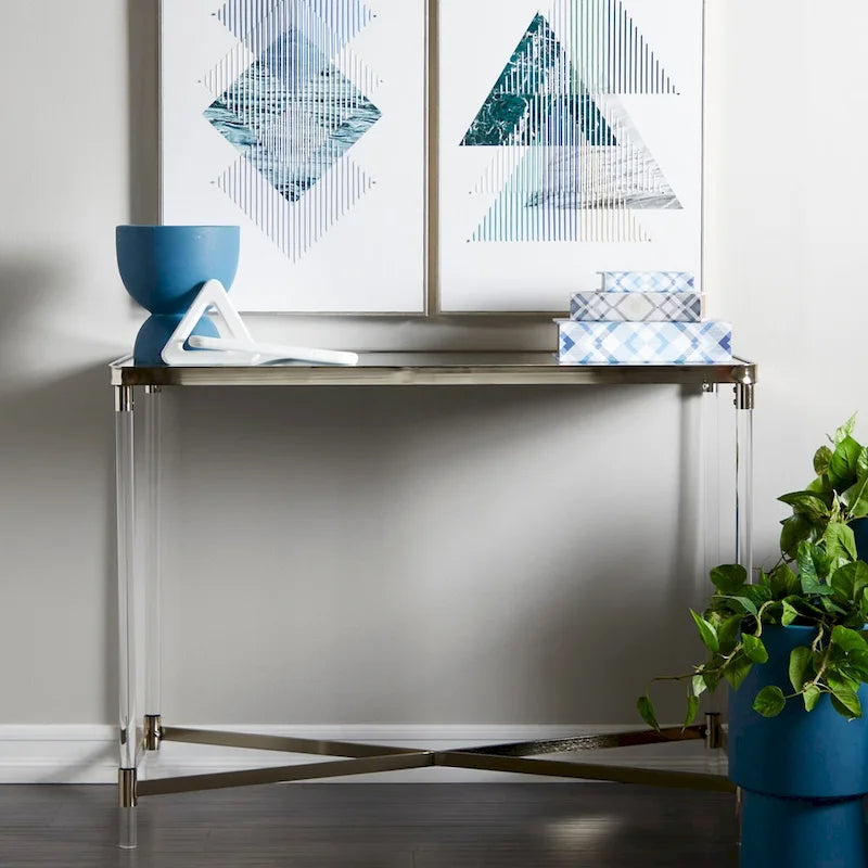 Silver / Gold X-Base Console Table with Mirror Top and Acrylic Legs for 1–2 Person