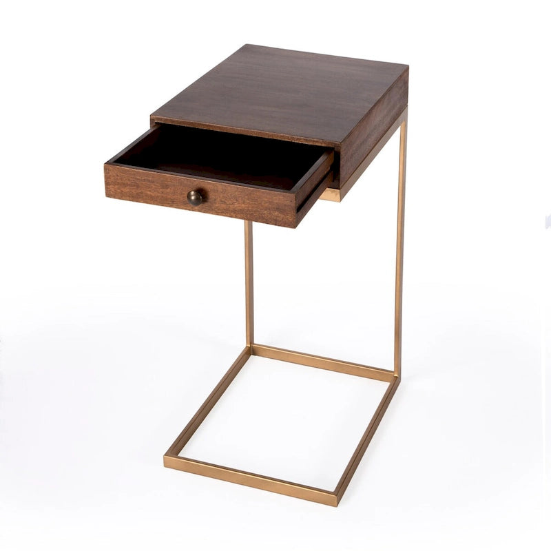 Brown Walnut Mango Wood C-Shape End Table with Gold Iron Frame and 1 Drawer for 1 Person
