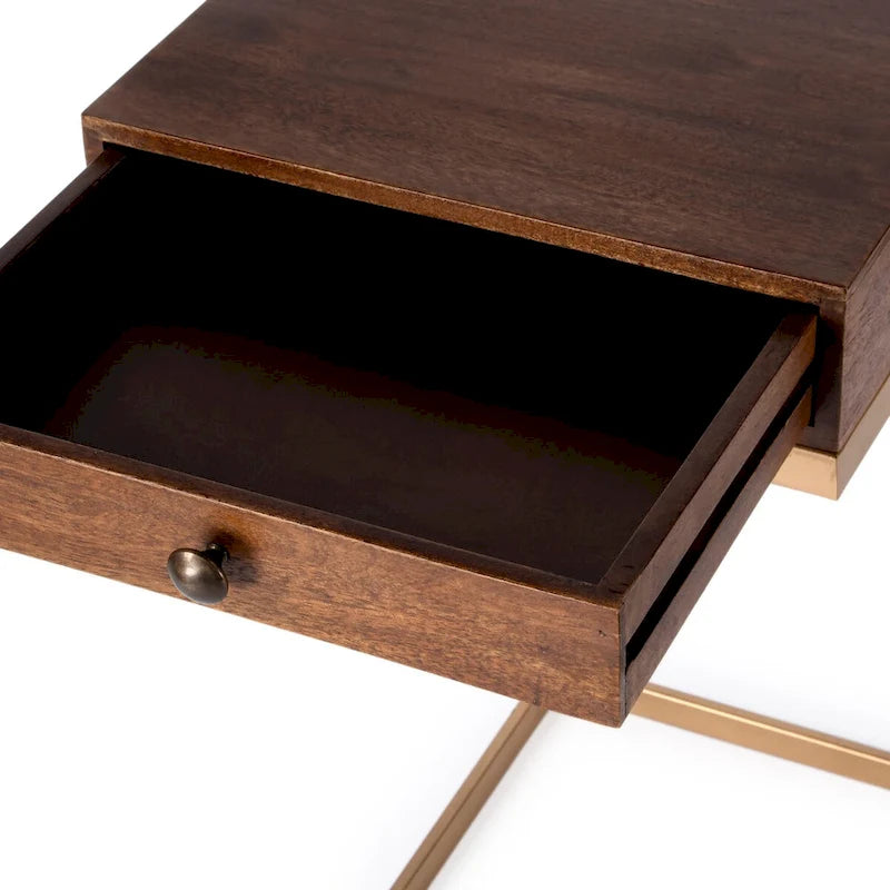 Brown Walnut Mango Wood C-Shape End Table with Gold Iron Frame and 1 Drawer for 1 Person