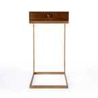 Brown Walnut Mango Wood C-Shape End Table with Gold Iron Frame and 1 Drawer for 1 Person