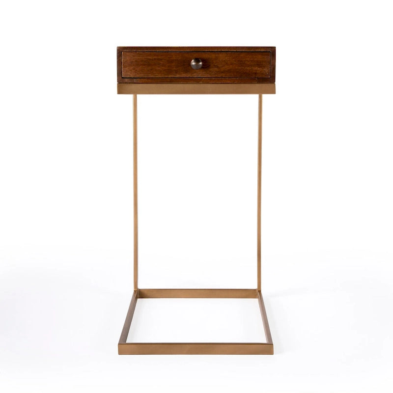 Brown Walnut Mango Wood C-Shape End Table with Gold Iron Frame and 1 Drawer for 1 Person