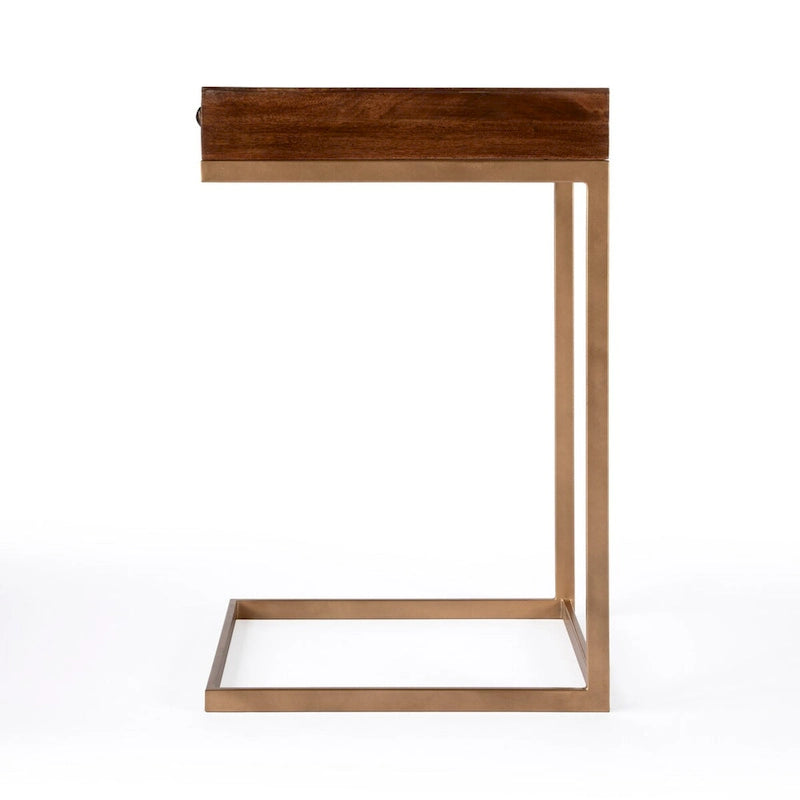 Brown Walnut Mango Wood C-Shape End Table with Gold Iron Frame and 1 Drawer for 1 Person