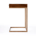 Brown Walnut Mango Wood C-Shape End Table with Gold Iron Frame and 1 Drawer for 1 Person