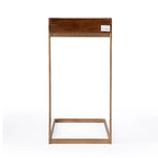 Brown Walnut Mango Wood C-Shape End Table with Gold Iron Frame and 1 Drawer for 1 Person