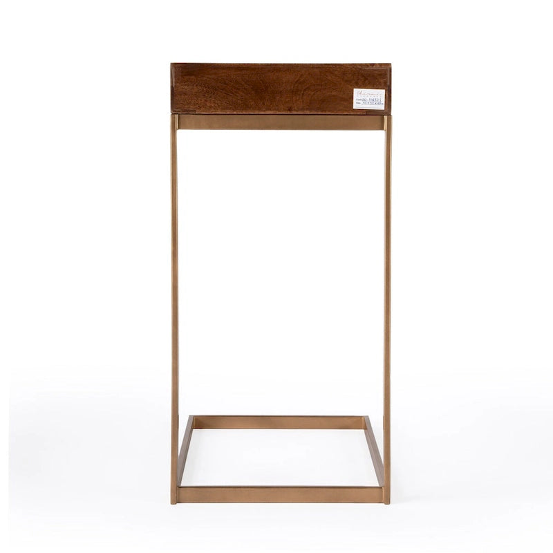 Brown Walnut Mango Wood C-Shape End Table with Gold Iron Frame and 1 Drawer for 1 Person