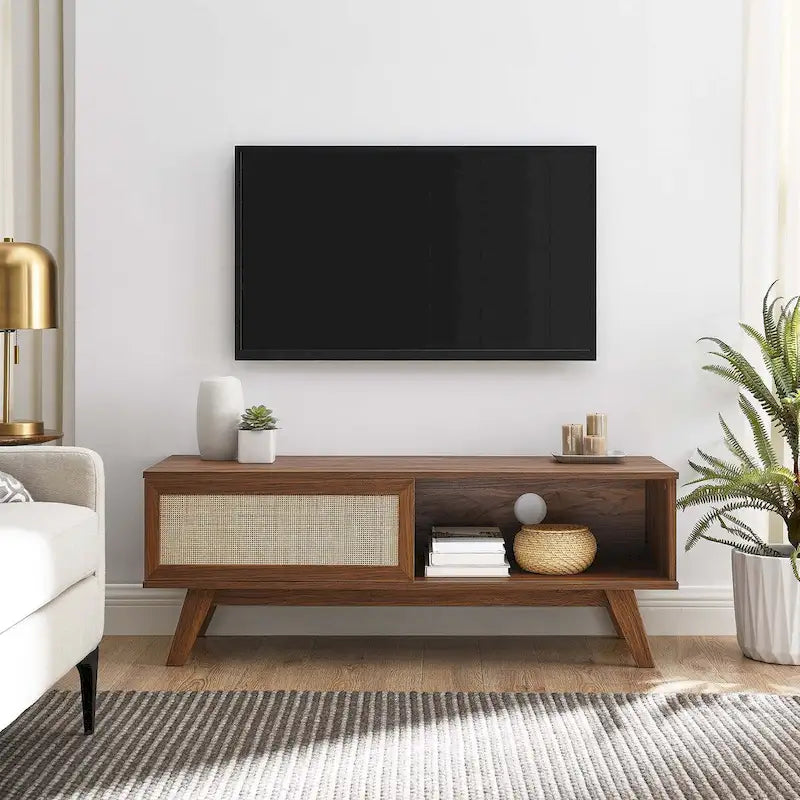 Oak / Walnut MDF TV Stand with Rattan Sliding Door and Cable Management for 1 Person