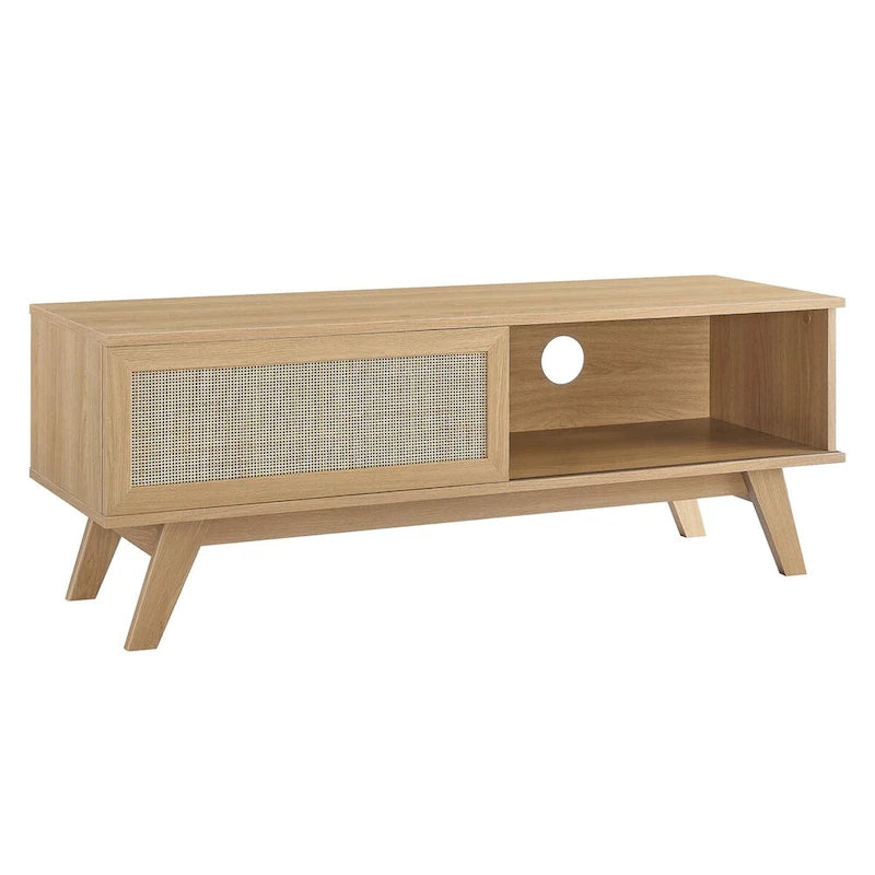 Oak / Walnut MDF TV Stand with Rattan Sliding Door and Cable Management for 1 Person