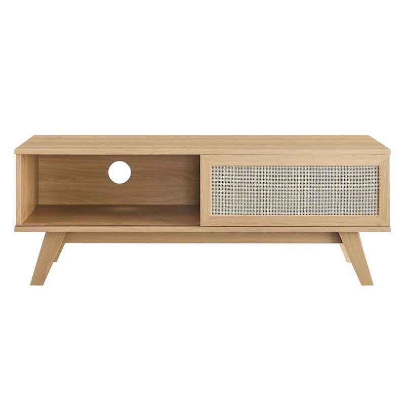 Oak / Walnut MDF TV Stand with Rattan Sliding Door and Cable Management for 1 Person