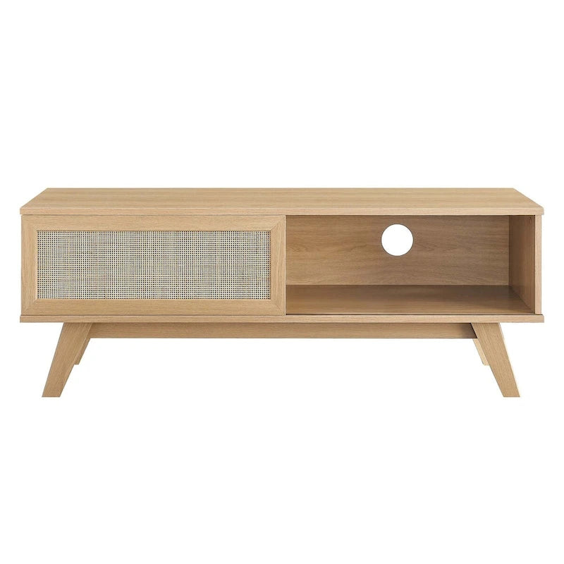 Oak / Walnut MDF TV Stand with Rattan Sliding Door and Cable Management for 1 Person