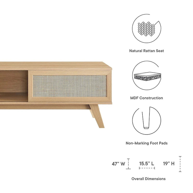 Oak / Walnut MDF TV Stand with Rattan Sliding Door and Cable Management for 1 Person
