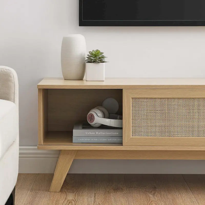 Oak / Walnut MDF TV Stand with Rattan Sliding Door and Cable Management for 1 Person