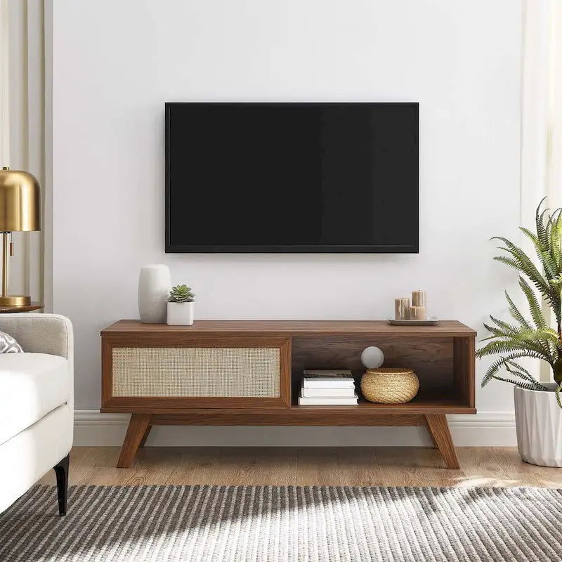 Oak / Walnut MDF TV Stand with Rattan Sliding Door and Cable Management for 1 Person