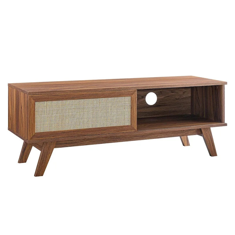 Oak / Walnut MDF TV Stand with Rattan Sliding Door and Cable Management for 1 Person