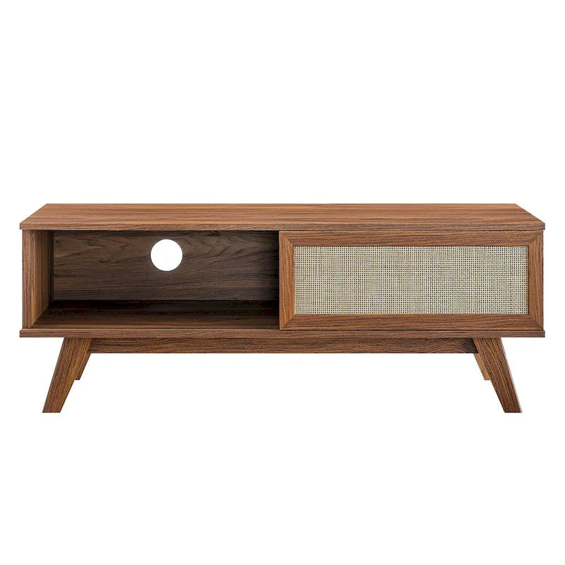 Oak / Walnut MDF TV Stand with Rattan Sliding Door and Cable Management for 1 Person