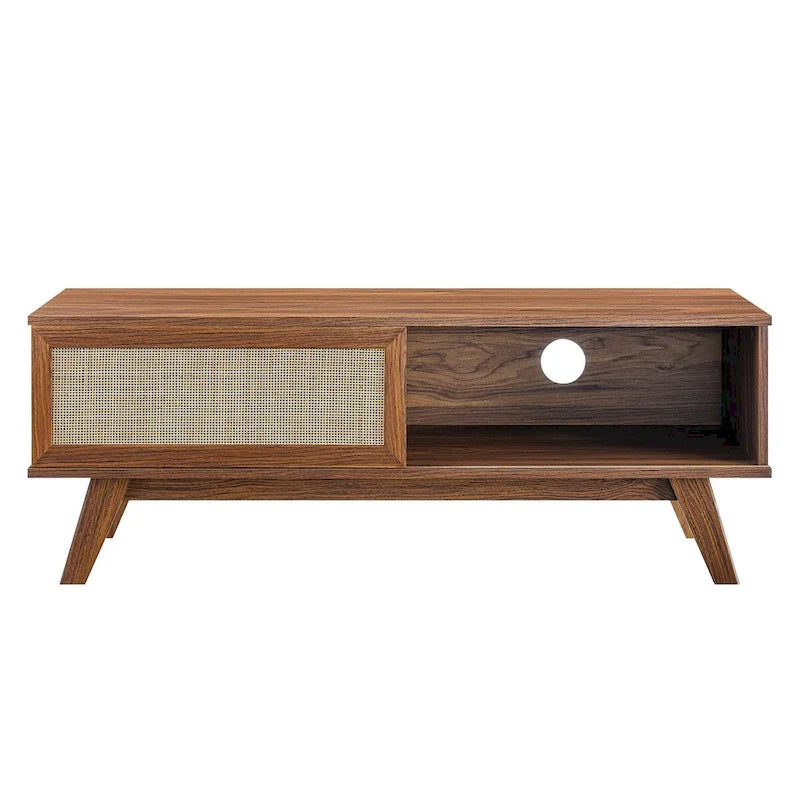 Oak / Walnut MDF TV Stand with Rattan Sliding Door and Cable Management for 1 Person