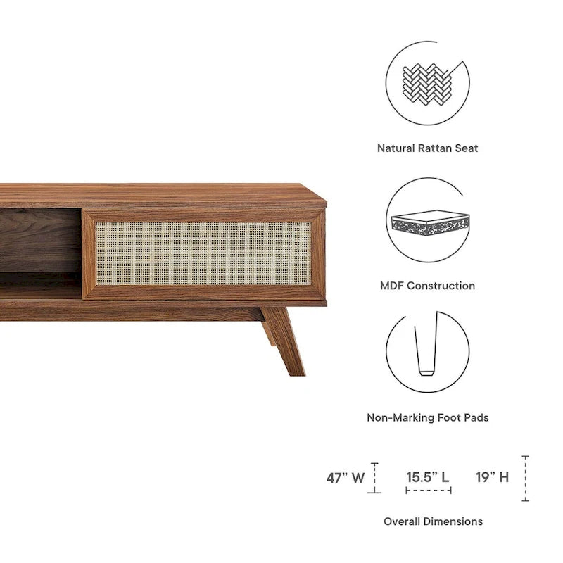Oak / Walnut MDF TV Stand with Rattan Sliding Door and Cable Management for 1 Person