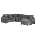 Chenille Ecksofa mit Ausziehfunktion, L-förmiges Schlafsofa mit Stauraum-Ottomane, 3 Kissen und Ladevorrichtungen
