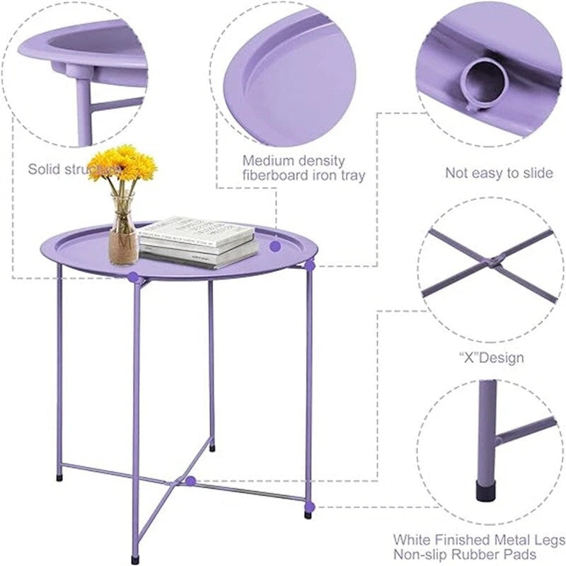 Grey / White / Pink / Purple Folding Metal Tray Side Table for Indoor and Outdoor Use for 1 Person