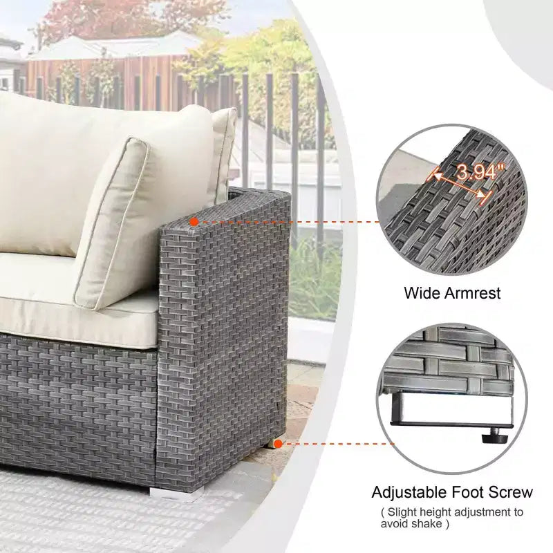 Ovios Venedig 11-teiliges Outdoor-Gartenmöbelset aus Korbgeflecht mit Metall-Feuerstelle, Drehstühlen und Kissen