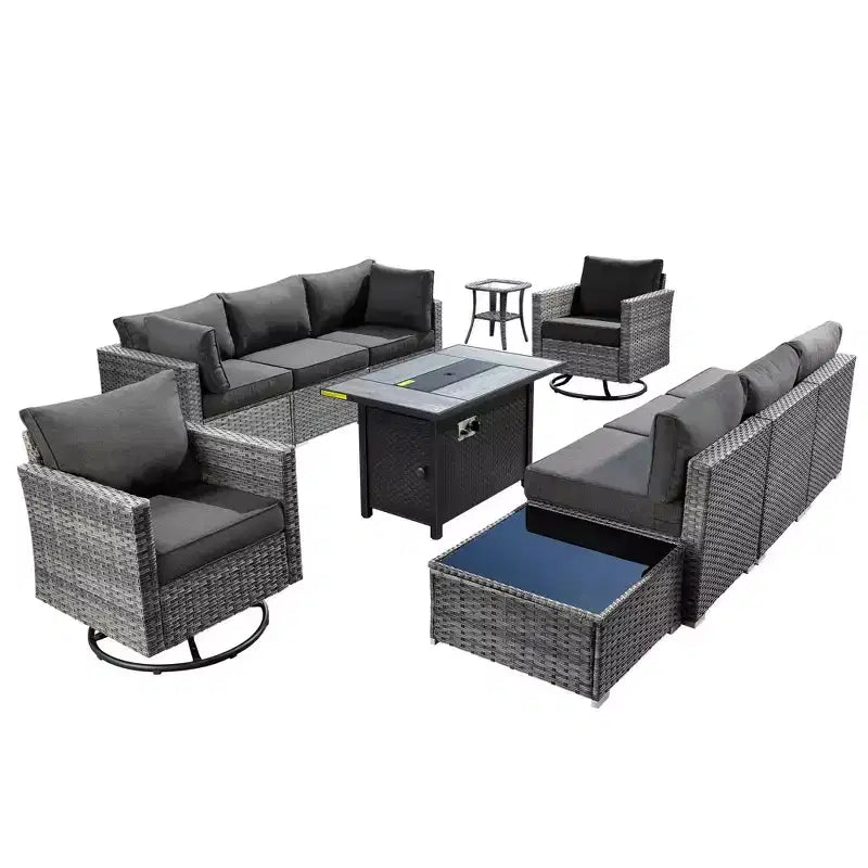 Ovios Venedig 11-teiliges Outdoor-Gartenmöbelset aus Korbgeflecht mit Metall-Feuerstelle, Drehstühlen und Kissen