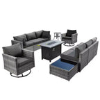 Ovios Venedig 11-teiliges Outdoor-Gartenmöbelset aus Korbgeflecht mit Metall-Feuerstelle, Drehstühlen und Kissen