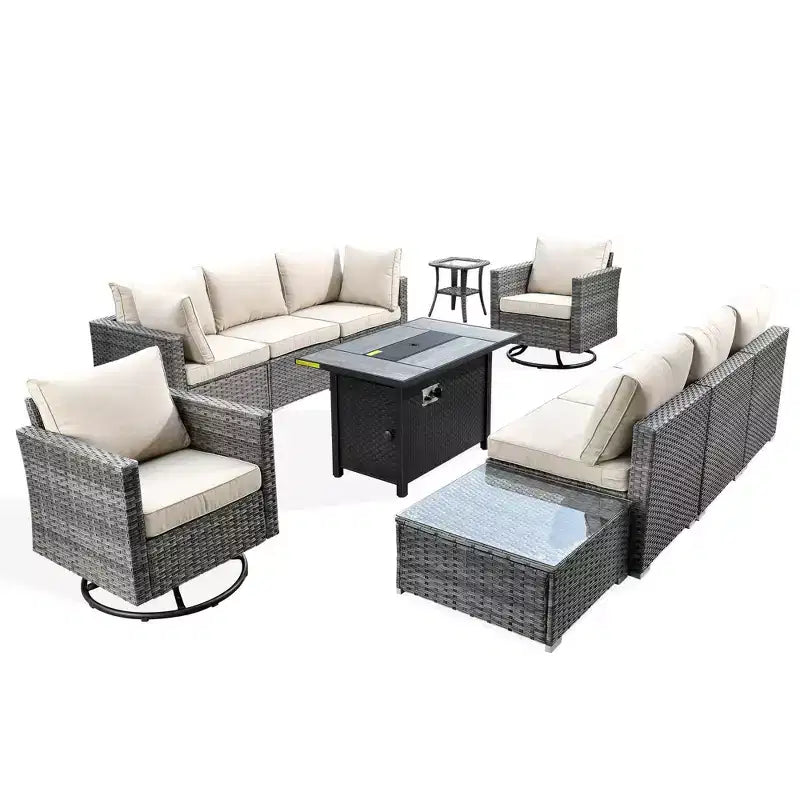 Ovios Venedig 11-teiliges Outdoor-Gartenmöbelset aus Korbgeflecht mit Metall-Feuerstelle, Drehstühlen und Kissen