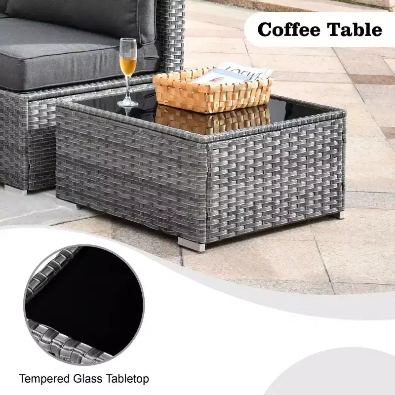 Ovios Venedig 11-teiliges Outdoor-Gartenmöbelset aus Korbgeflecht mit Metall-Feuerstelle, Drehstühlen und Kissen
