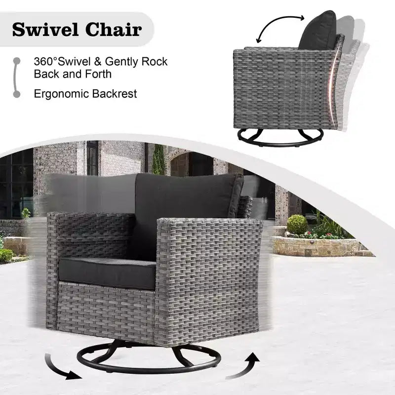 Ovios Venedig 11-teiliges Outdoor-Gartenmöbelset aus Korbgeflecht mit Metall-Feuerstelle, Drehstühlen und Kissen