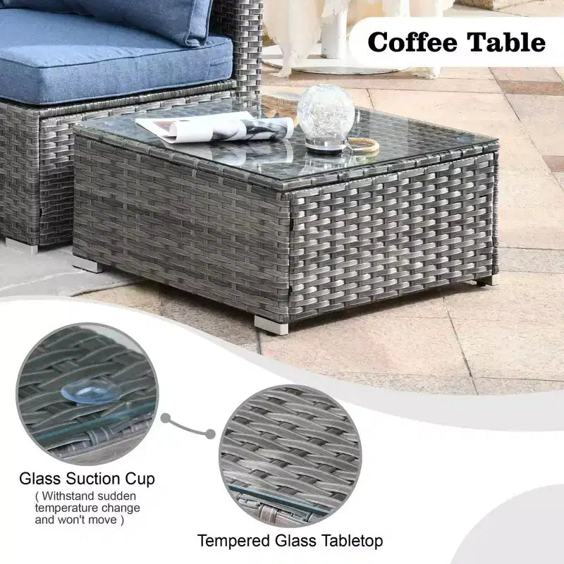Ovios Venedig 11-teiliges Outdoor-Gartenmöbelset aus Korbgeflecht mit Metall-Feuerstelle, Drehstühlen und Kissen