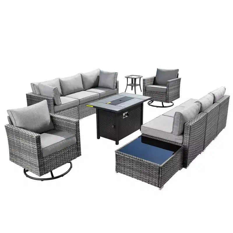 Ovios Venedig 11-teiliges Outdoor-Gartenmöbelset aus Korbgeflecht mit Metall-Feuerstelle, Drehstühlen und Kissen