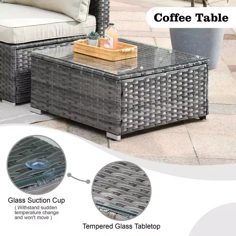 Ovios Venedig 11-teiliges Outdoor-Gartenmöbelset aus Korbgeflecht mit Metall-Feuerstelle, Drehstühlen und Kissen