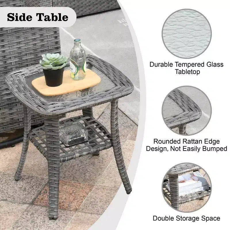 Ovios Venedig 11-teiliges Outdoor-Gartenmöbelset aus Korbgeflecht mit Metall-Feuerstelle, Drehstühlen und Kissen