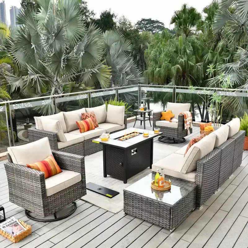 Ovios Venice 11pc Wicker Outdoor Patio Furniture Set Conversation Sofa with a Metal Fire Pit, Swivel Chairs and Cushions