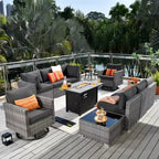 Ovios Venedig 11-teiliges Outdoor-Gartenmöbelset aus Korbgeflecht mit Metall-Feuerstelle, Drehstühlen und Kissen