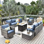 Ovios Venedig 11-teiliges Outdoor-Gartenmöbelset aus Korbgeflecht mit Metall-Feuerstelle, Drehstühlen und Kissen