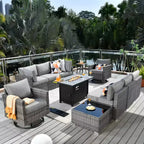 Ovios Venedig 11-teiliges Outdoor-Gartenmöbelset aus Korbgeflecht mit Metall-Feuerstelle, Drehstühlen und Kissen