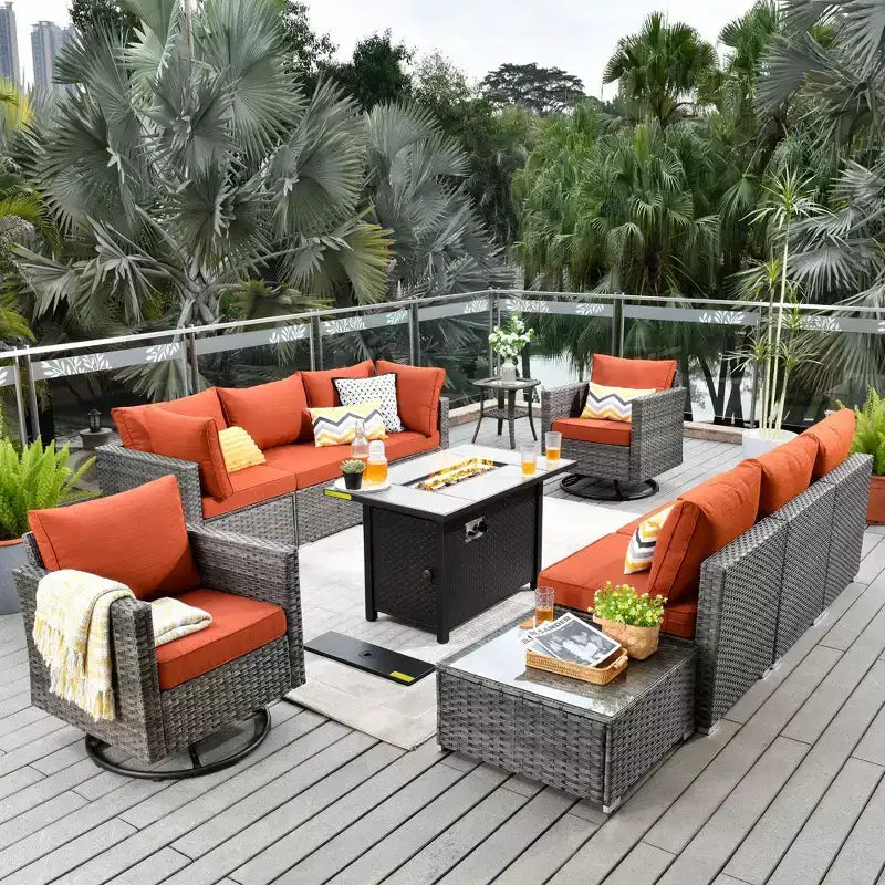 Ovios Venedig 11-teiliges Outdoor-Gartenmöbelset aus Korbgeflecht mit Metall-Feuerstelle, Drehstühlen und Kissen