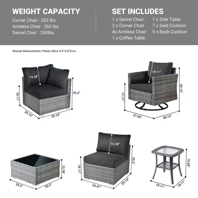 Ovios Venice 9-teiliges Gartenmöbelset aus Korbgeflecht, Konversationssofa, Sektionalsofa mit Drehsessel und Kissen