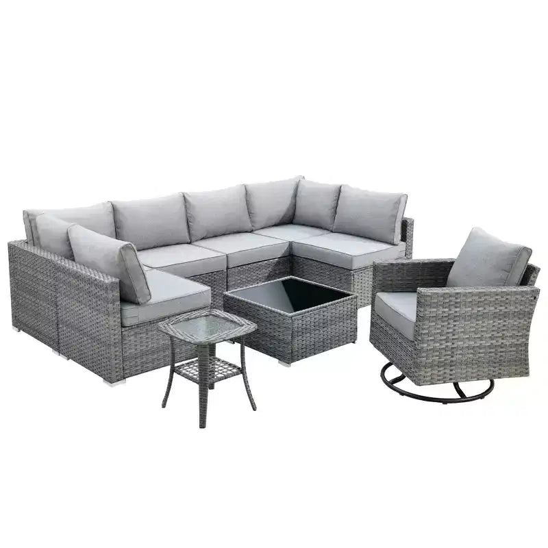 Ovios Venice 9-teiliges Gartenmöbelset aus Korbgeflecht, Konversationssofa, Sektionalsofa mit Drehsessel und Kissen