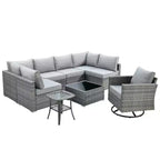 Ovios Venice 9-teiliges Gartenmöbelset aus Korbgeflecht, Konversationssofa, Sektionalsofa mit Drehsessel und Kissen