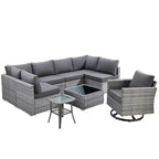 Ovios Venice 9-teiliges Gartenmöbelset aus Korbgeflecht, Konversationssofa, Sektionalsofa mit Drehsessel und Kissen