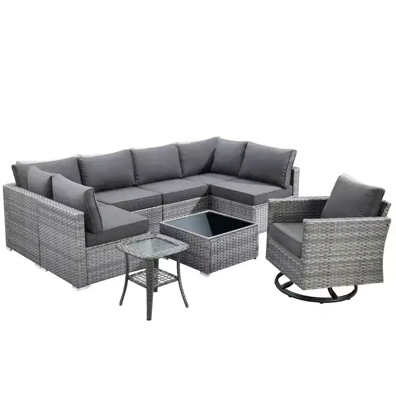 Ovios Venice 9-teiliges Gartenmöbelset aus Korbgeflecht, Konversationssofa, Sektionalsofa mit Drehsessel und Kissen