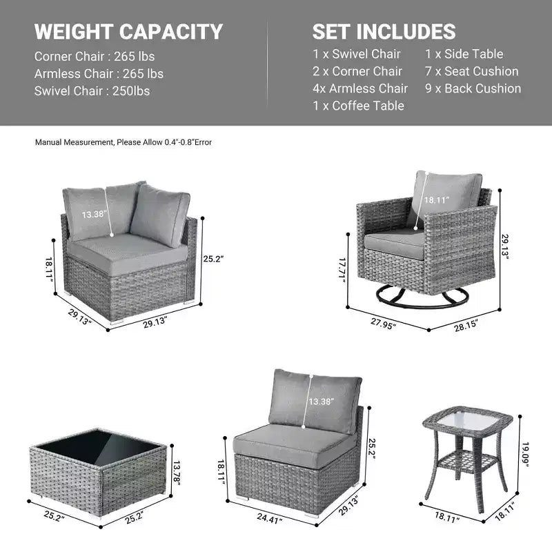 Ovios Venice 9-teiliges Gartenmöbelset aus Korbgeflecht, Konversationssofa, Sektionalsofa mit Drehsessel und Kissen