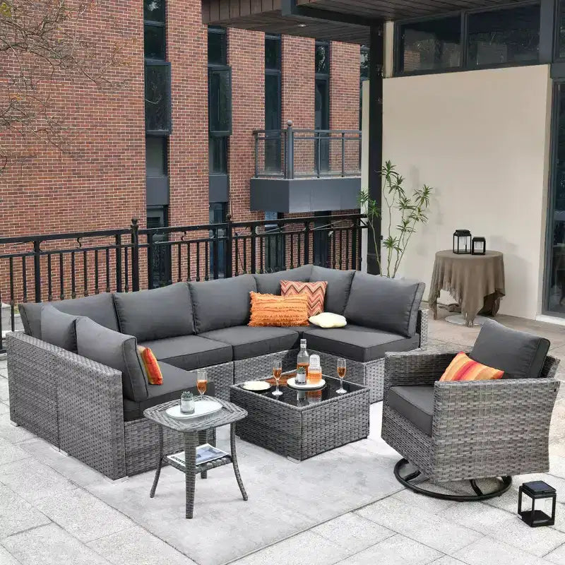Ovios Venice 9pc Wicker Outdoor Patio Furniture Set Conversation Sofa Sectional with a Swivel Chair and Cushions